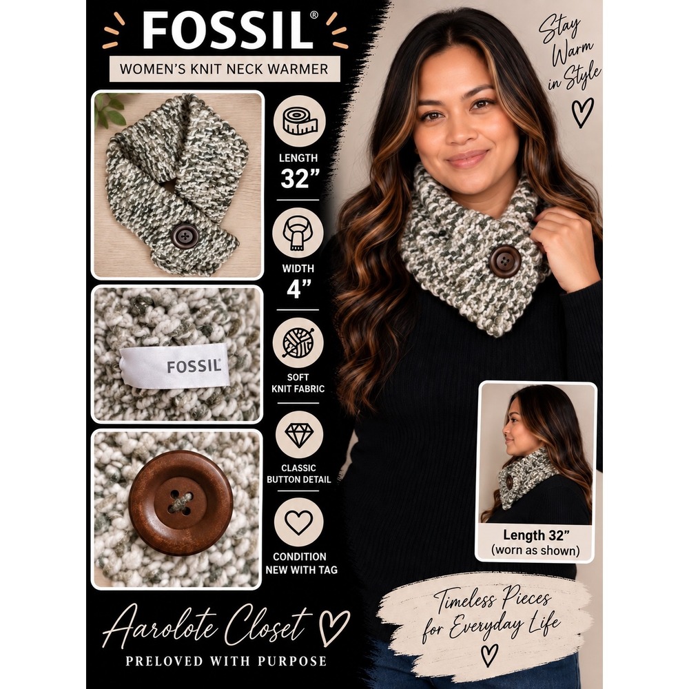 Fossil Womens Chunky Knit Neck Warmer Metallic Grey White Button Cowl Scarf